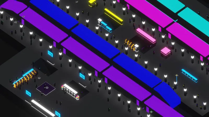 Cyber Station: neon platforms, trains and passengers from an isometric view