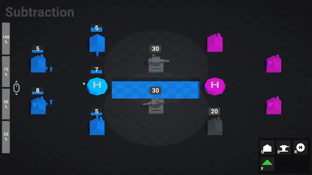 Minimalists: a stripped back 3D RTS map with blue and magenta bases, turrets and unit counts over each structure