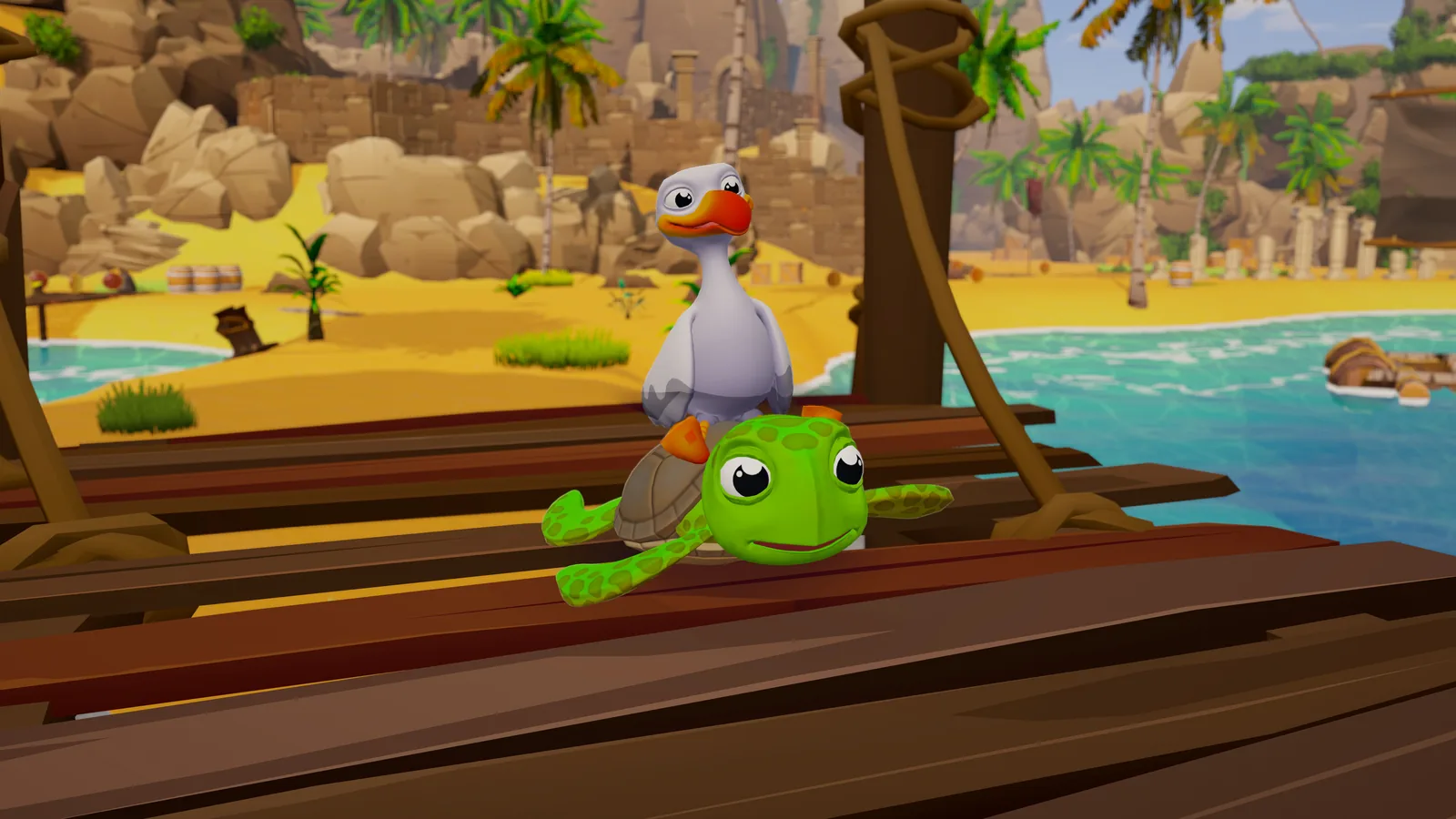 Out of Water in game screenshot: the seagull perched on the turtle's shell on a wooden dock, with a sandy beach, palm trees, ruins and turquoise water behind them