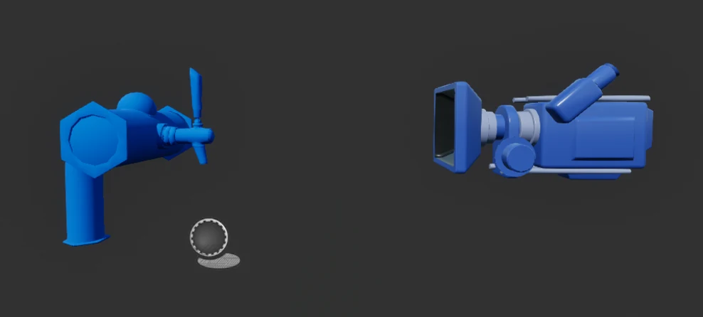 Unreal Engine viewport: the blue blockout beer tap actor with the fixed station camera positioned to frame it during interaction
