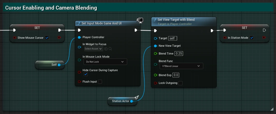 Unreal Engine blueprint graph: showing the mouse cursor, setting input mode to game and UI, and calling Set View Target with Blend toward the station actor