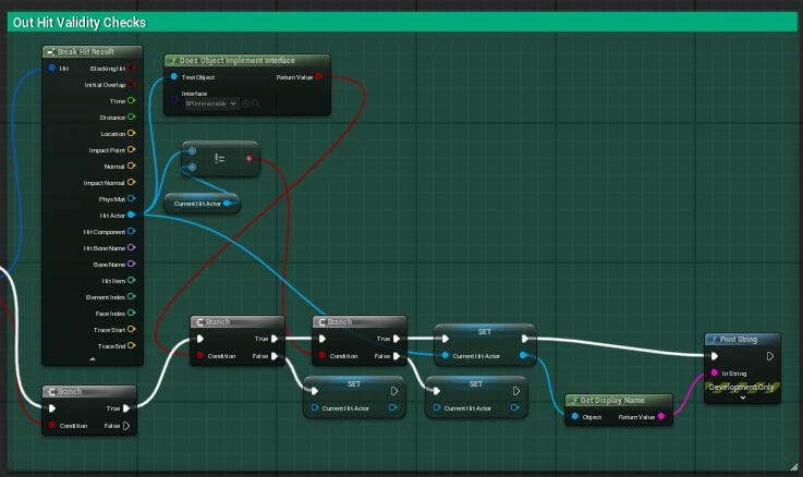 Unreal Engine blueprint graph: validating the line trace hit actor by checking it implements the BPI_Interactable interface before processing