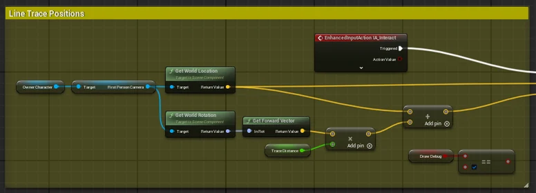 Unreal Engine blueprint graph: calculating line trace start and end positions from the first-person camera's world location, rotation and forward vector