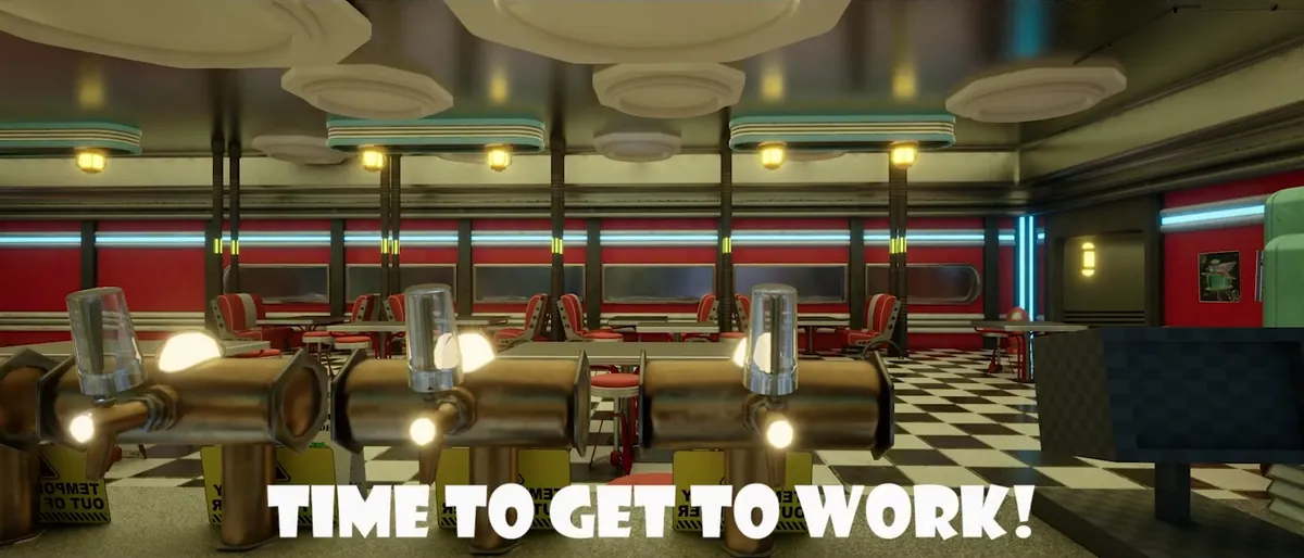 Space Bar Simulator: behind the bar, three beer taps in the foreground of a retro futurist diner with checkerboard floors, red booths and neon strips