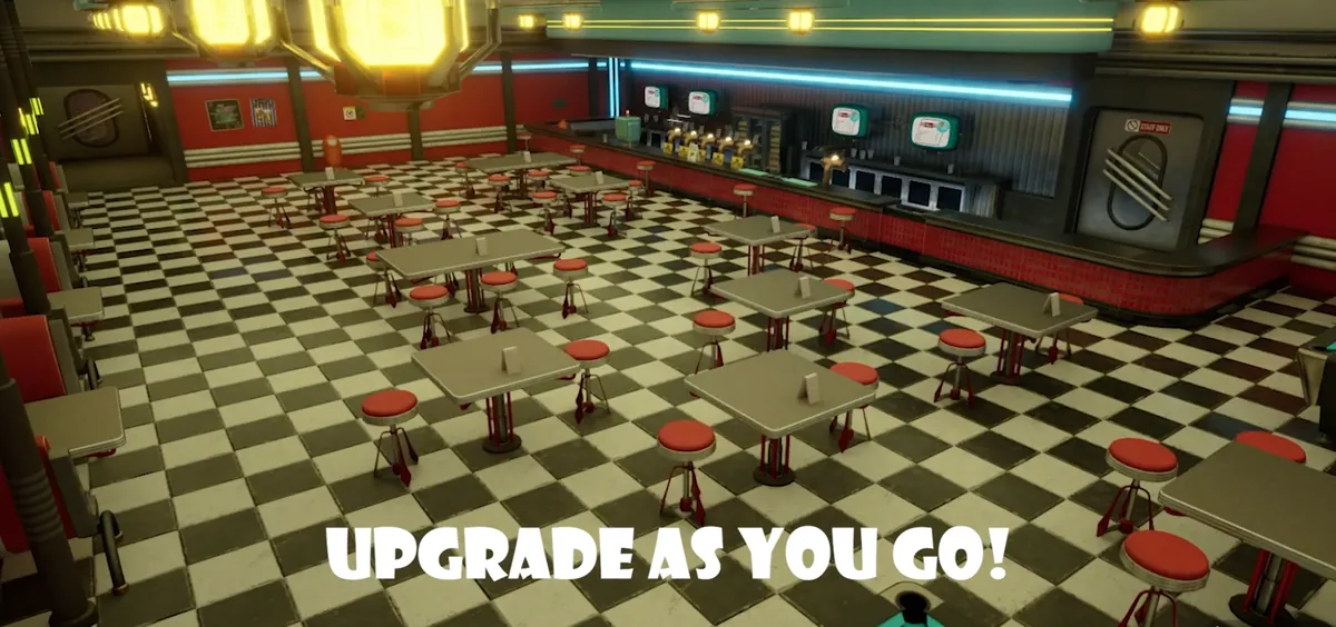 Space Bar Simulator: wide view of the diner with checkerboard floor and rows of tables, with the caption Upgrade as you go