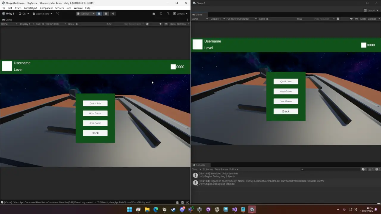 3D Netcode Tank Game: two Unity clients side by side, each showing the host and join lobby menu