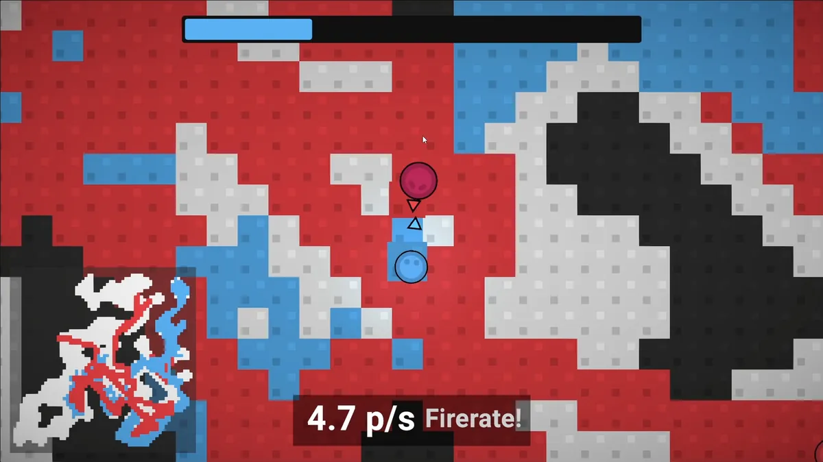 Tile Turfer mid-match: painted floor tiles across a cave arena with the player and enemies fighting for control