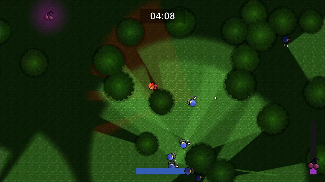 Wanted: the player glowing red under red flashlight beams as police officers close in through the trees